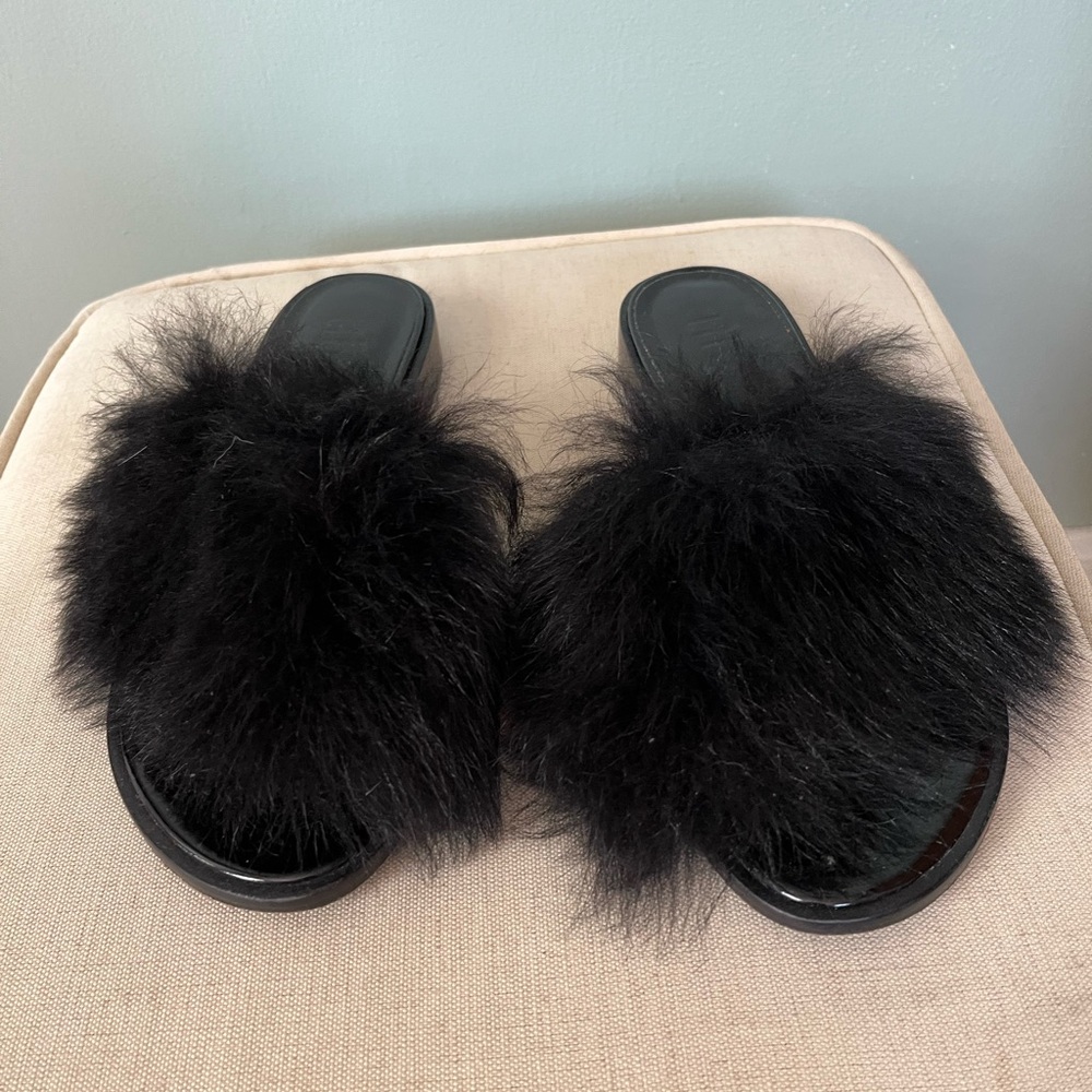 Tibi Black Furry Women's Slides. Size 39